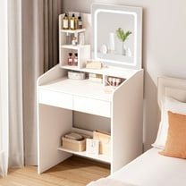 LIVELYGLOW Vanity Desk Set with Square Mirror and Light- Small Vanity Table with Drawers- White