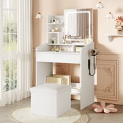 LIVELYGLOW Makeup Vanity Set with Stool, Lighted Mirror, Vanity Desk with 7 Shelves, Large Drawer, Power Outlet & Hairdryer Holder, Vanity Dressing Table Perfect gift for Bedroom - White