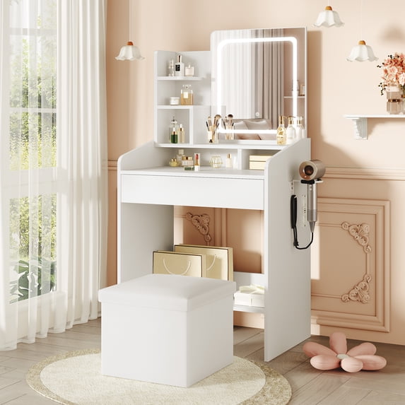 LIVELYGLOW Makeup Vanity Set with Stool, Lighted Mirror, Vanity Desk with 7 Shelves, Large Drawer, Power Outlet & Hairdryer Holder, Vanity Dressing Table Perfect gift for Bedroom - White