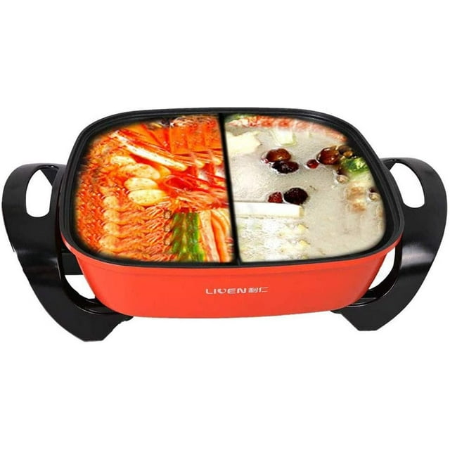 LIVEN 5L Electric Shabu Shabu Hot Pot with Divider Hot Pot Electric Large Hotpot with Glass Lid