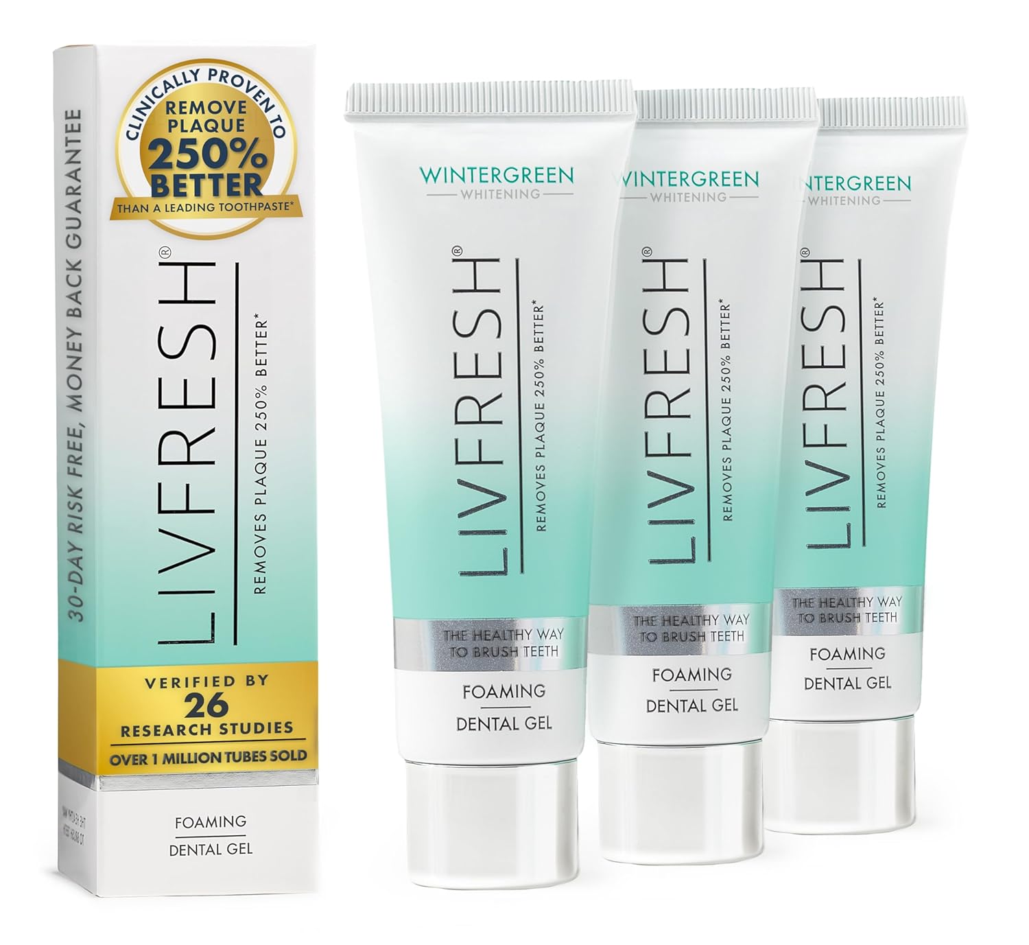 LIVFRESH Dental Gel Toothpaste, Wintergreen Flavor, Removes Plaque 250% Better, Improves Gum Health 190%, SLS-Free Sugar-Free Anti-Tartar Teeth Whitening Gel, Freshens Breath, 3PC