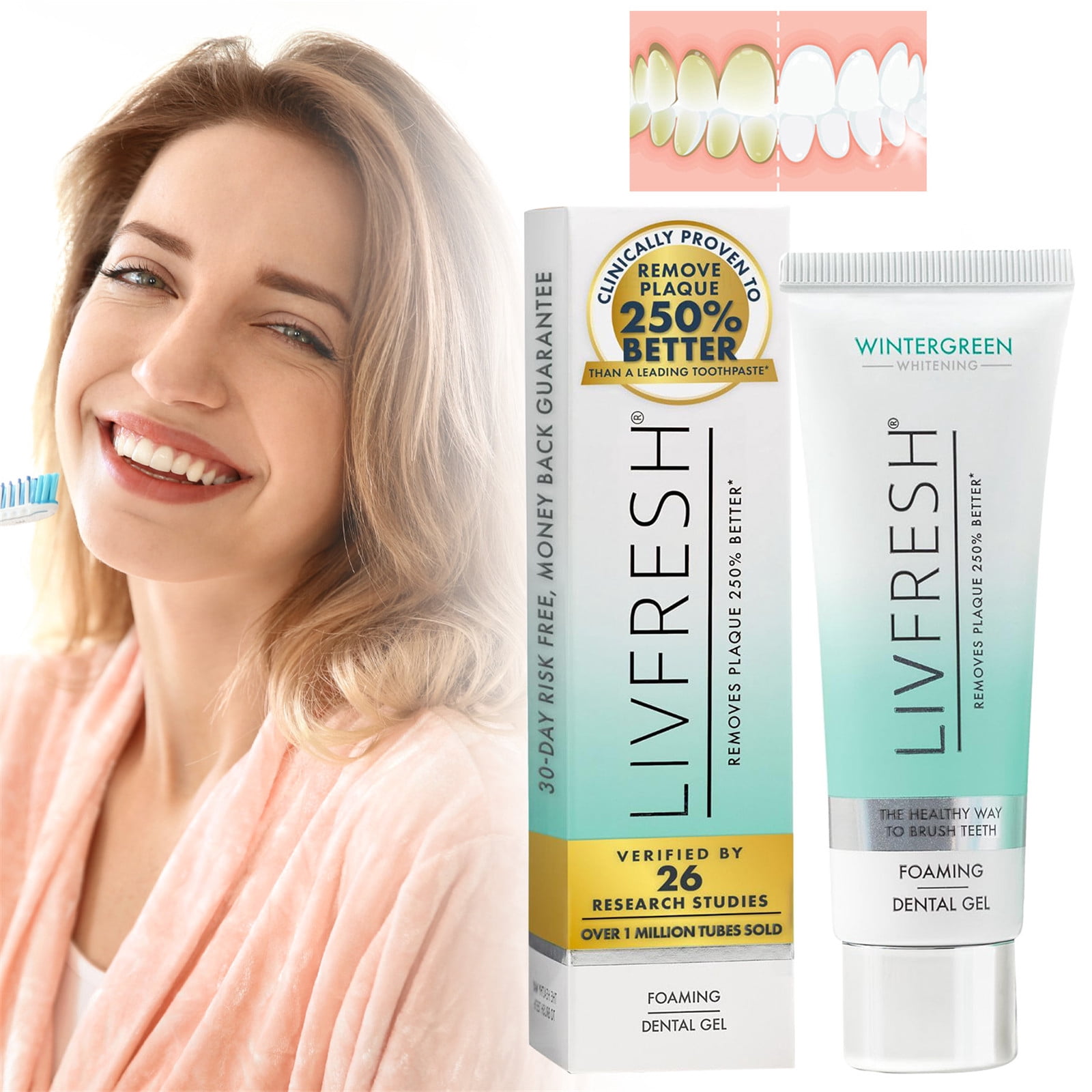 LIVFRESH Dental Gel by Livionex - Clinically Proven to Remove Plaque 250% Better (Foaming + Wintergreen + Blue Gel)
