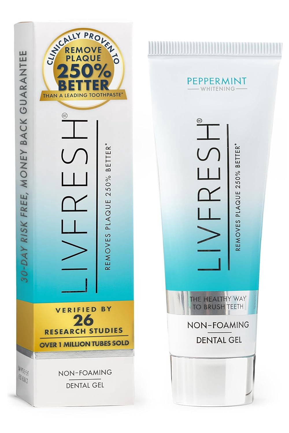 LIVFRESH Dental Gel by Livionex - Clinically Proven to Remove Plaque 250% Better (Peppermint + Non-Foaming + Blue Gel)