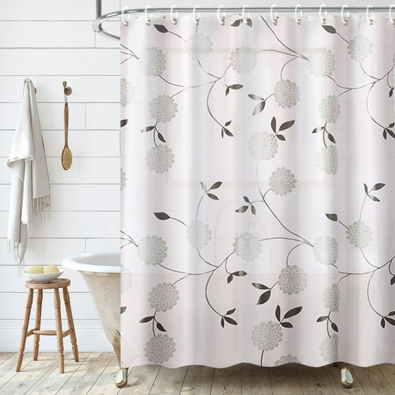 LIVILAN Dahlia Shower Curtain, PEVA Shower Curtain Liner with 12 Hooks, 2 in 1 PEVA Plastic Shower Curtain for Bathroom Decor 71W X 71H INCHES, White and Black Grey Cornflower