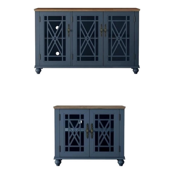 LIVILAND 2 Piece Floral Storage Buffet Sideboard Set (55 & 38) in Navy Blue
