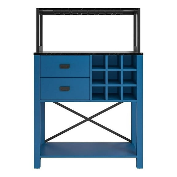 LIVILAND 32" Buffet Bar Cabinet Wine Rack w/ Marbling Pattern Countertop - Navy