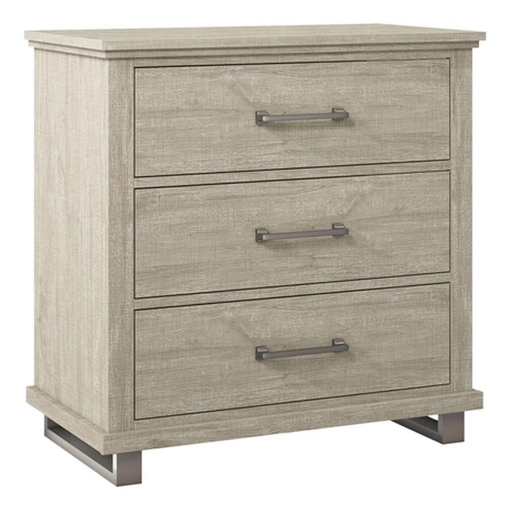 Beige 32'' Modern Nightstand with 3 Drawers and Metal Legs