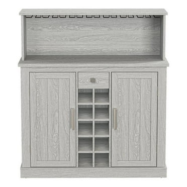 LIVILAND 47 in. Grey Buffet Bar Cabinet Wine Rack w/ Wood Pattern Countertop