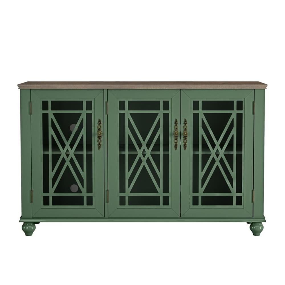 Green Vintage Style Wood Buffet Sideboard Cabinet with Glass Doors