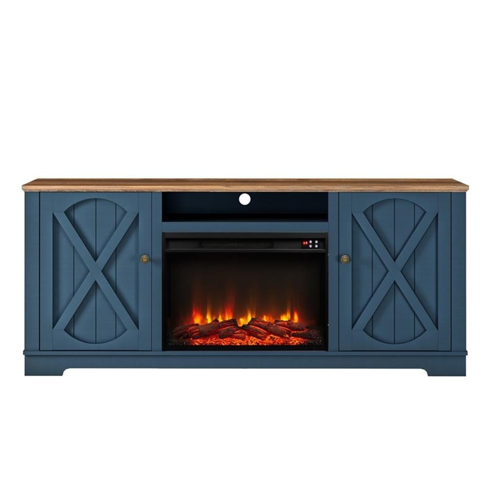 Navy 70" Farmhouse TV Stand with Fireplace and Cabinet