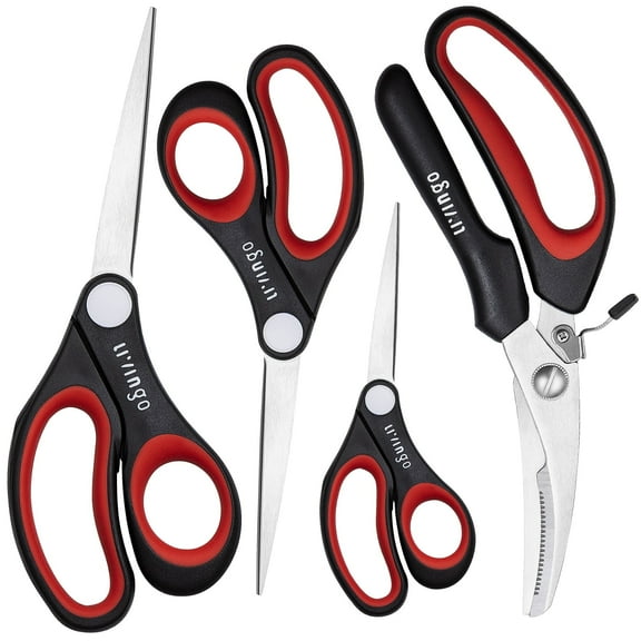LIVINGO 4-Piece Scissors Set for Home, Office, Kitchen and Crafting, Stainless Steel Blades, Comfort Grip Handles