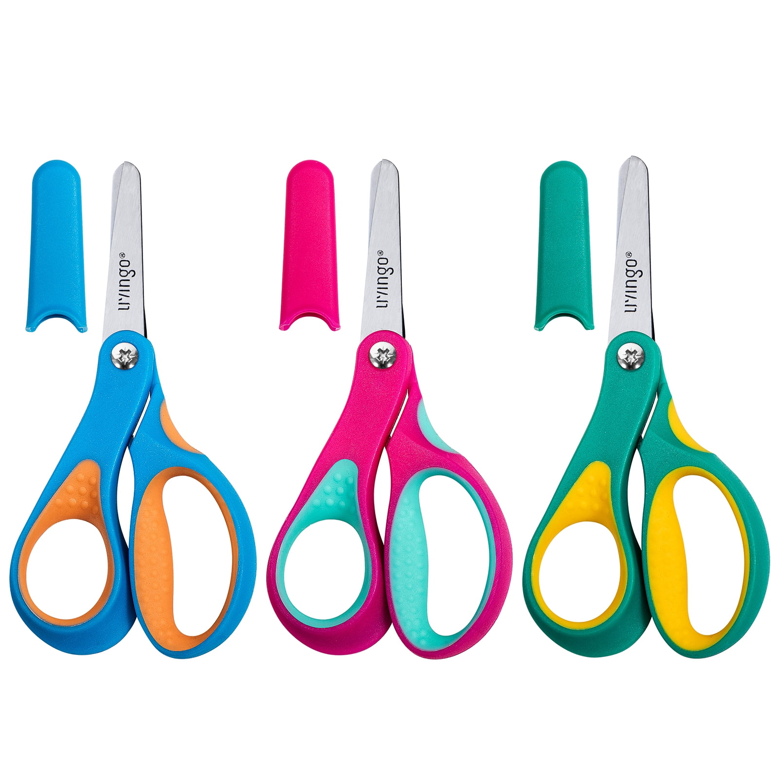 LIVINGO Left Handed Kids Scissors Blunt Tip with Sheath Safety for Toddle School, 3 Pack 5 inches, Green, Blue, Rose Pink