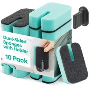 LIVIVO Pack of 10 Dual-Sided Washing Up Sponges with Holder - Durable Dish Buddy Cleaning Sponges with Kitchen Sponge Holder for Wall or Sink, Kitchen Sink Sponge Holder for Kitchen Sink Suction