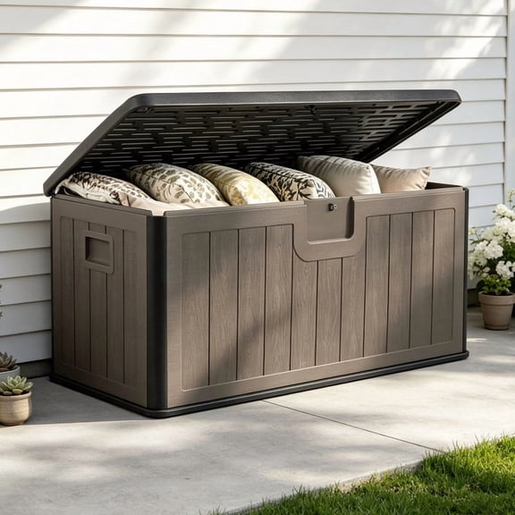 LIVIZA 100 Gallon Large Deck Box with Lockable Lid, Waterproof Resin Outdoor Storage Organization for Patio,Black & Brown