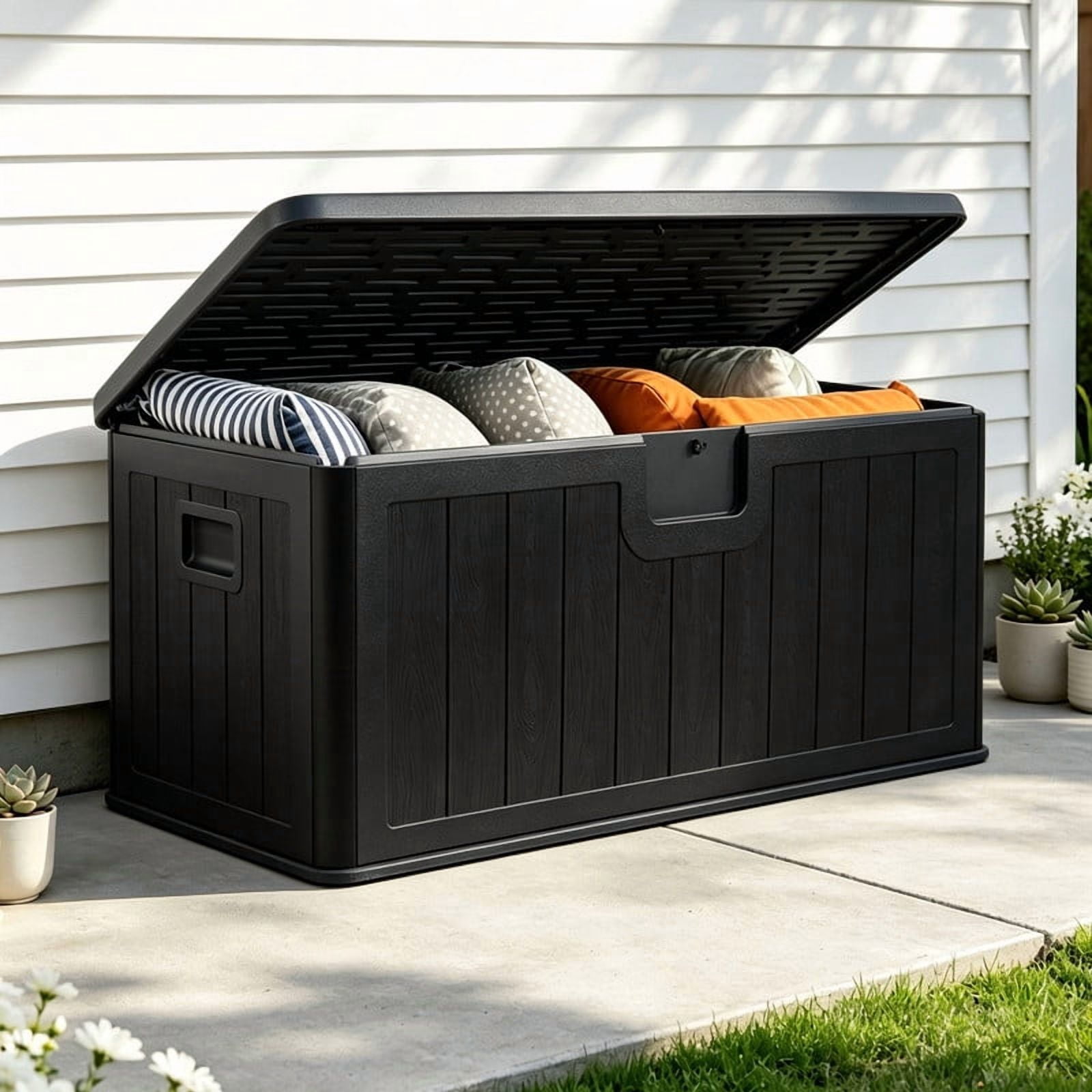 LIVIZA 100 Gallon Large Deck Box with Lockable Lid, Waterproof Resin ...