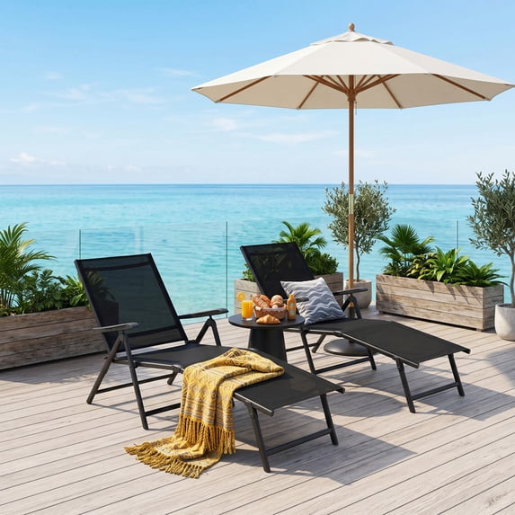 LIVIZA 2 Pieces Adjustable 2-in-1 Folding Chaise Lounge Chair with 2-Position Footrest for Indoor & Outdoor Use,Black