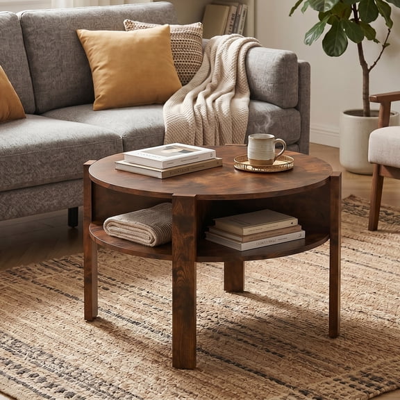 LIVIZA 29.5" Round Coffee Table with Storage Shelf, 2 Tier Wooden Center Table for Small Space,Rustic Brown