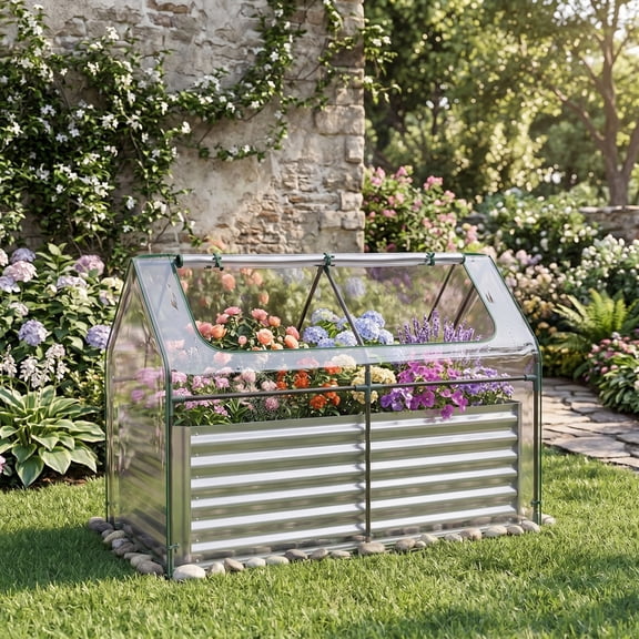 LIVIZA 3 in 1 Galvanized Raised Garden Bed with Cover, 68 x 33 x 21 in Rectangular Metal Planter Box Kit Outdoor for Growing Flowers Vegetables,Silver