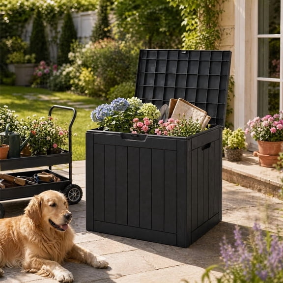 LIVIZA 30 Gallon Weatherproof Resin Deck Box with Lock, Small Outdoor Storage Box for Patio Storage, Pool Accessories,Black