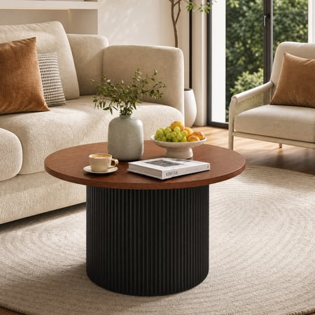 LIVIZA 32 " Modern Round Coffee Table with Solid Wood Frame and Wooden Top, Wooden Center Table for Living Room