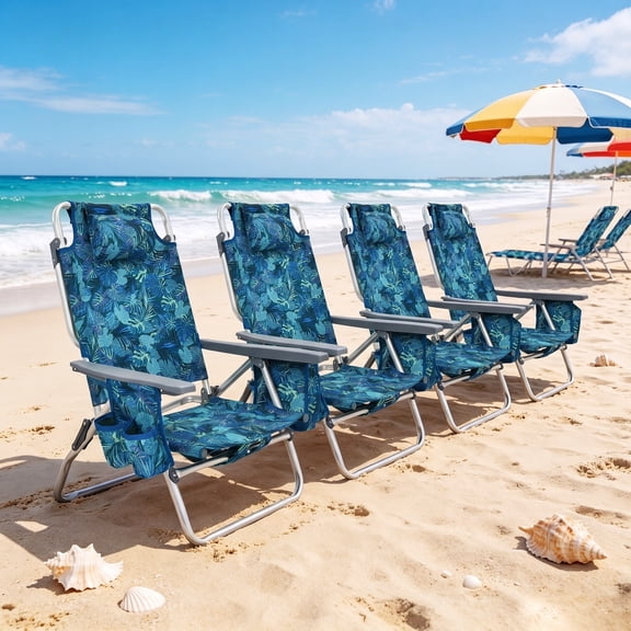 LIVIZA 4 Pack Beach Chairs with 5-Position Recline, Portable Folding Backpack Beach Lounge Chairs with Storage Pockets,Navy