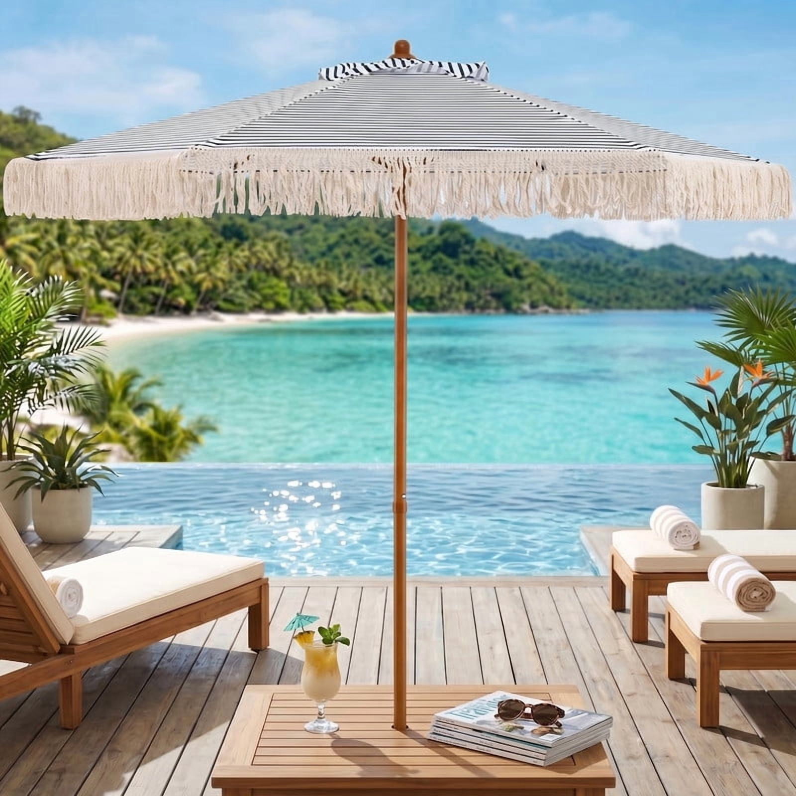 LIVIZA 7 FT Patio Umbrella with Fringe Sun-Protective, Outdoor Market Umbrella with Boho Tassel,Blue
