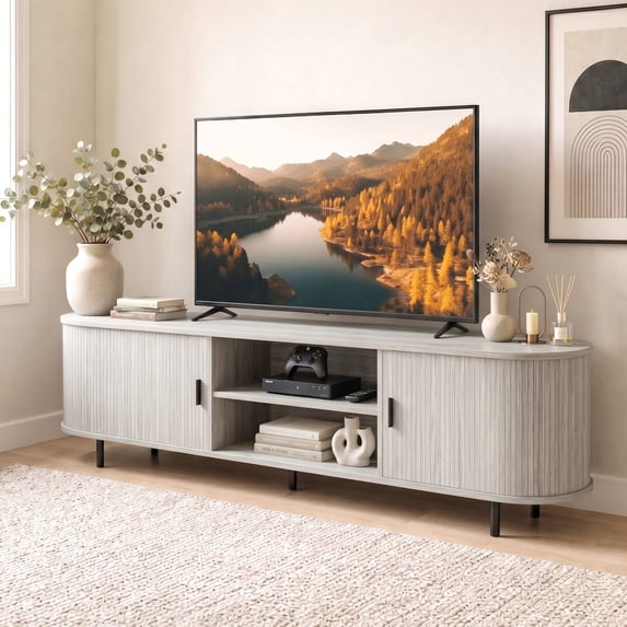 LIVIZA 71" TV Stand for TVs up to 80", Mid Century Curved Entertainment Center with Fluted Sliding Doors,Natural