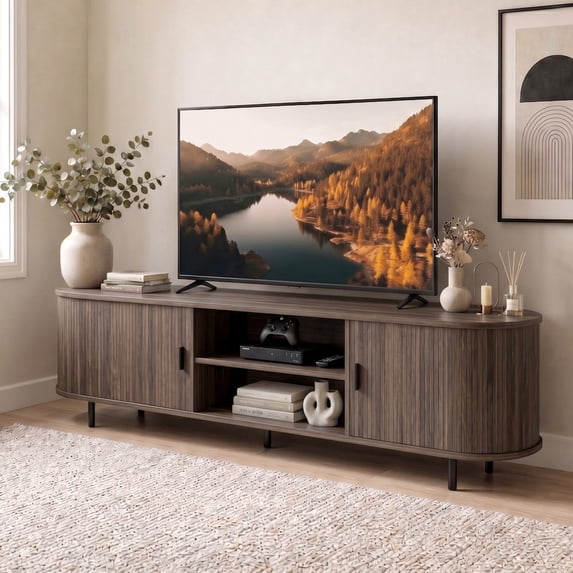 LIVIZA 71" TV Stand for TVs up to 80", Mid Century Curved Entertainment Center with Fluted Sliding Doors,Walnut