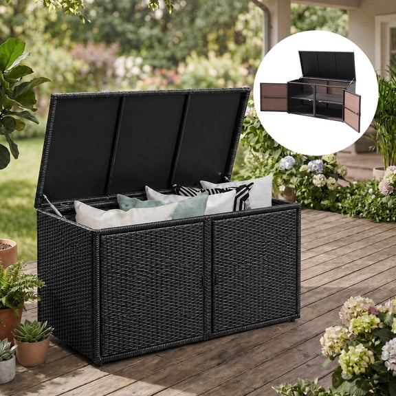 LIVIZA 88 Gallon Outdoor Patio Storage Box, Patio Wicker Storage Bench, Waterproof Storage Container,Black