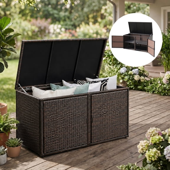 LIVIZA 88 Gallon Outdoor Patio Storage Box, Patio Wicker Storage Bench, Waterproof Storage Container,Brown
