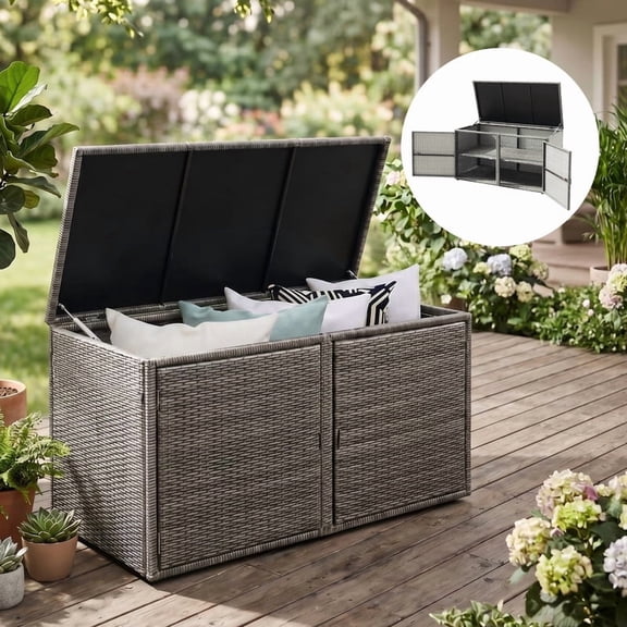 LIVIZA 88 Gallon Outdoor Patio Storage Box, Patio Wicker Storage Bench, Waterproof Storage Container,Gray