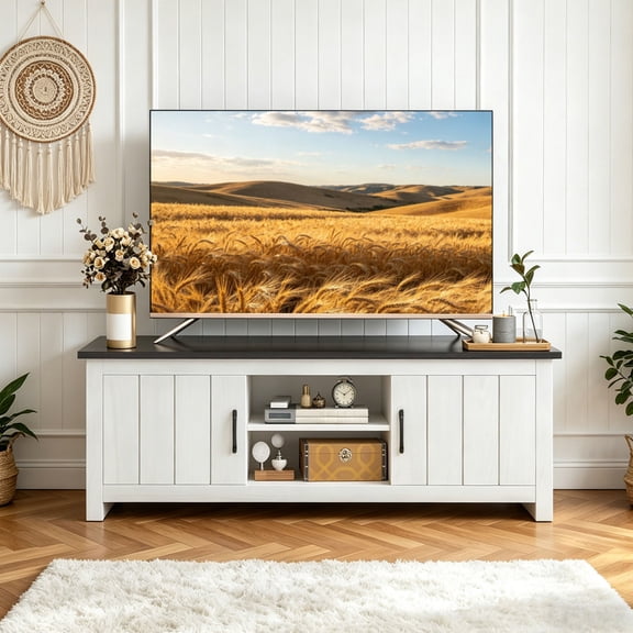 LIVIZA Farmhouse TV Stand for TVs up to 65", Entertainment Center Console Table with Doors, Dark Brown