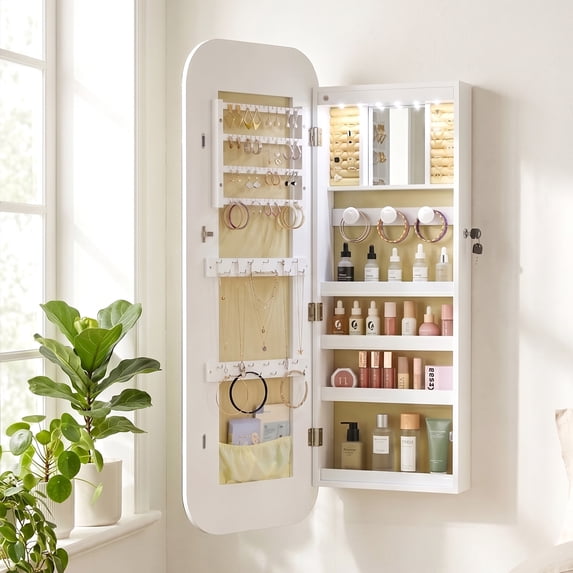LIVIZA Full-Length Mirror Jewelry Cabinet with LED Light & Lockable, Wall Door Mounted Jewelry Armoire Organizer,White