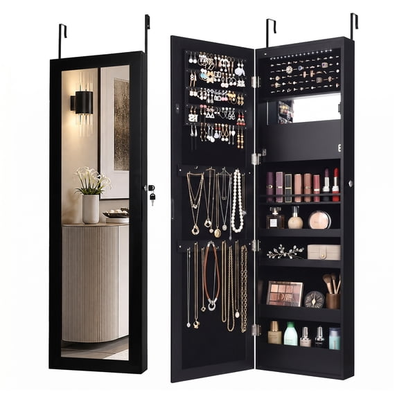 LIVIZA Full-Length Mirror Jewelry Cabinet with LED Lights &Lockable, Wall Door Mounted Jewelry Armoire Organizer,Brown