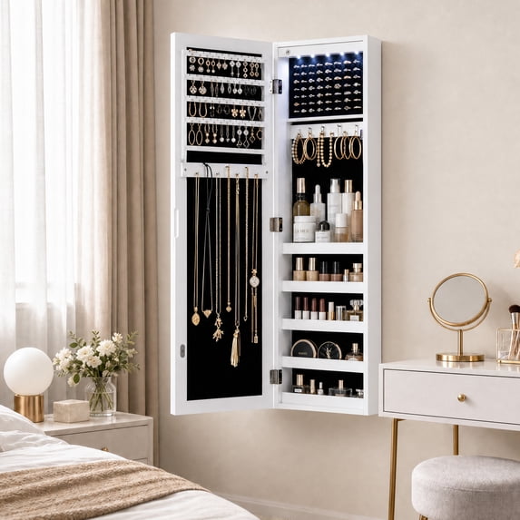 LIVIZA Full-Length Mirror Jewelry Cabinet with LED Lights &Lockable, Wall Door Mounted Jewelry Armoire Organizer,White
