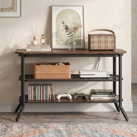 LIVIZA Industrial TV Stand for TVs up to 46", Wood Media Entertainment Center Console Table with Storage Shelves,Rustic Brown