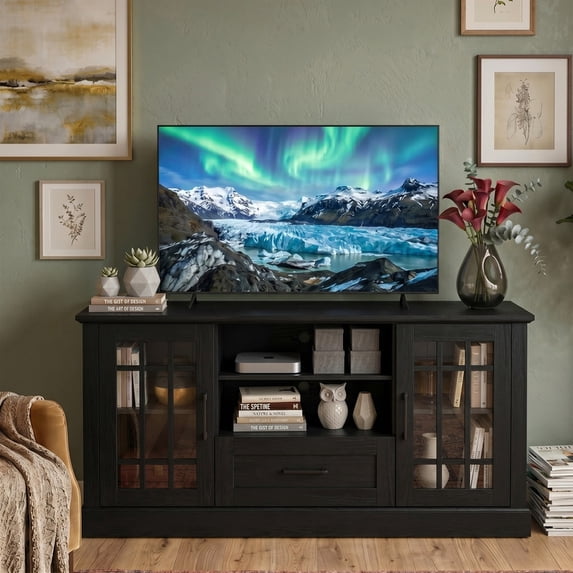 LIVIZA Modern Farmhouse TV Stand for TVs up to 70", Entertainment Center with Storage Cabinet & Glass Door,Black