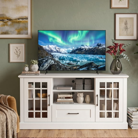 LIVIZA Modern Farmhouse TV Stand for TVs up to 70", Entertainment Center with Storage Cabinet & Glass Door,White