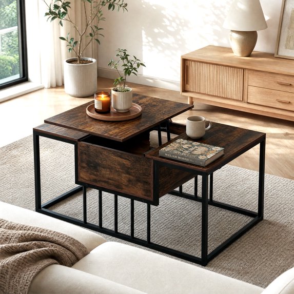 LIVIZA Modern Lift Top Coffee Table with Hidden Compartment, Rectangle Center Table for Living Room,Rustic Brown