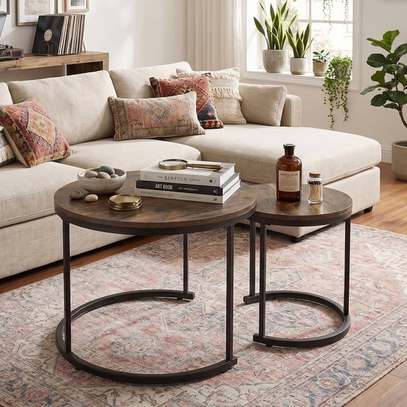 LIVIZA Modern Nesting Coffee Table Set of 2, 24 in Round Coffee Table for Small Place, End Side Tables Night Stand with Metal Frame,Rustic Brown