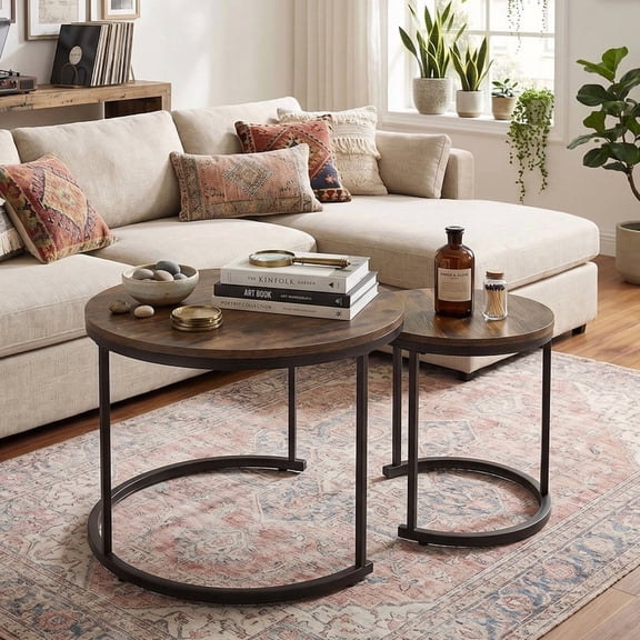 LIVIZA Modern Nesting Coffee Table Set of 2, 24 in Round Coffee Table for Small Place, End Side Tables Night Stand with Metal Frame,Rustic Brown