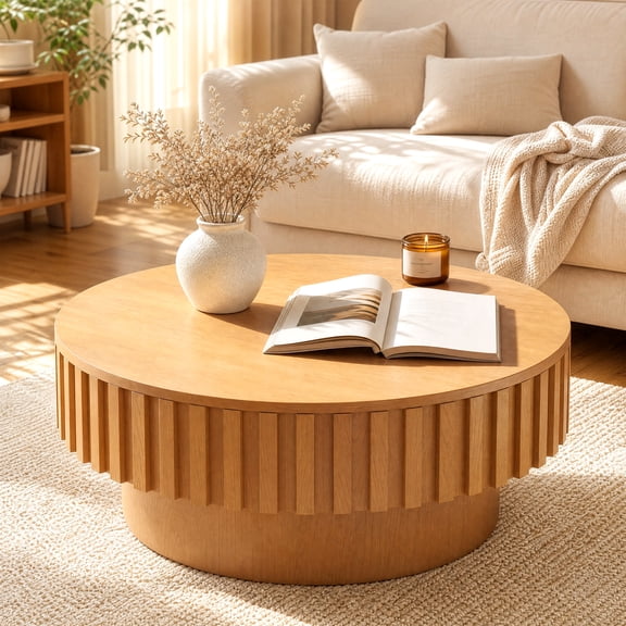 LIVIZA Modern Round Coffee Table with Storage, Wooden Drum Center Tables with Hidden Compartment,Natural