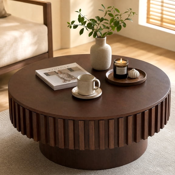 LIVIZA Modern Round Coffee Table with Storage, Wooden Drum Center Tables with Hidden Compartment,Walnut