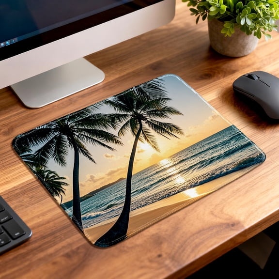 LIVKEY Non Slip Stitched Edge Mouse Pad Tropical Beach Palm Tree Sunset Design 26x21cm for Gaming and Office Use
