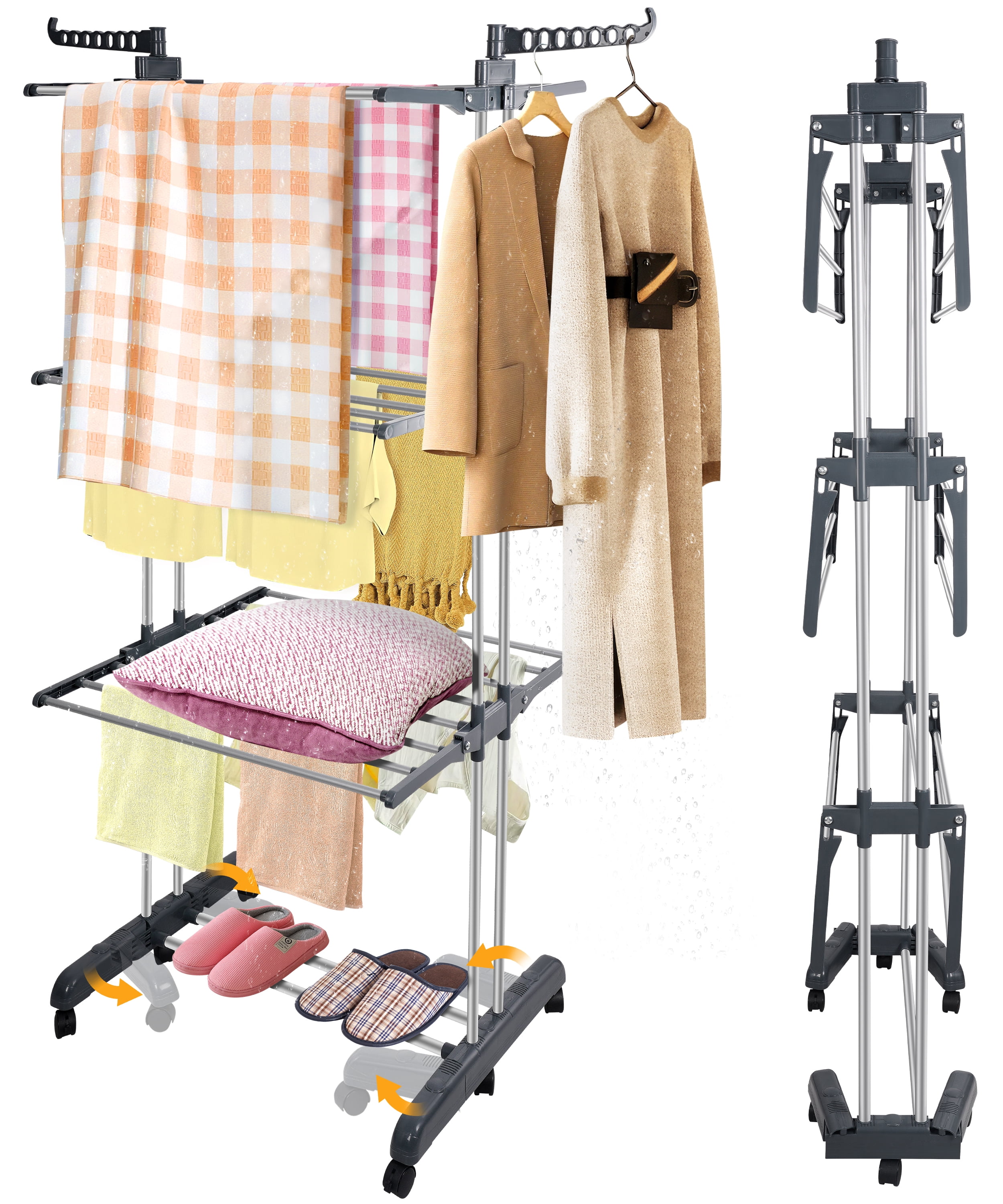 ALILYY Clothes Drying Rack For Clothes 4-Tier Laundry Drying Rack With Wheels Foldable Clothes Drying Rack Outdoor Or Indoor For Bed Linen, Clothing,Grey