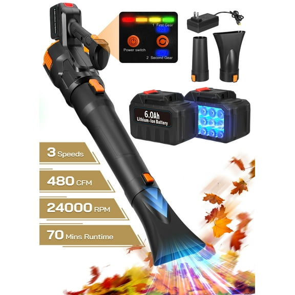 ALILYY 20V Leaf Blower 480CFM 150MPH Cordless Leaf Blower with 2PCS 6.0Ah Battery & Fast Charger for Lawn, Patio, Driveway Cleaning,Black