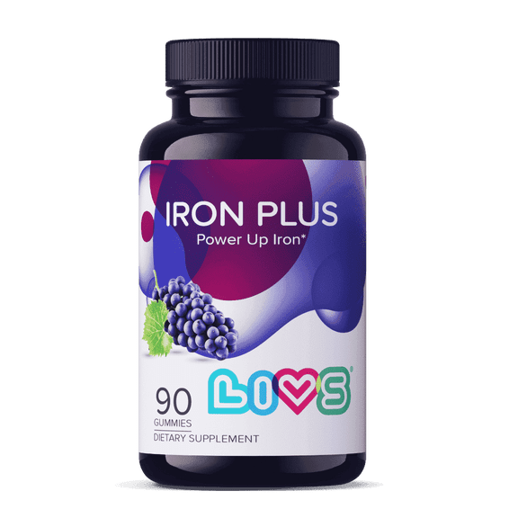 LIVS Iron Plus Gummies - Iron Gummies with Vitamin C, B12, Folate, Zinc & Biotin - Energy, Immune & Blood Support - Grape Flavor - 90 Count