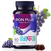 LIVS Iron Plus Gummies - Iron Gummies with Vitamin C, B12, Folate, Zinc & Biotin - Energy, Immune & Blood Support - Grape Flavor - 90 Count with 45 Servings