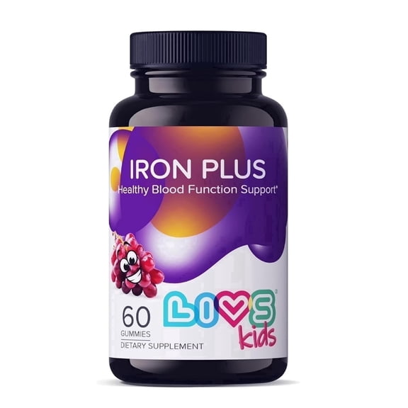 LIVS Iron Plus Gummies for Kids - Iron Gummies with Vitamin C, B12, Folate, Zinc & Biotin - Energy, Immune & Blood Support - Grape Flavor - 60 Count with 30 Servings