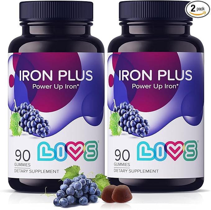 LIVS Iron Plus Gummies - Iron Gummies with Vitamin C, B12, Folate, Zinc & Biotin - Energy, Immune & Blood Support - Grape Flavor - Pack of 2 - 180 Count with 90 Servings